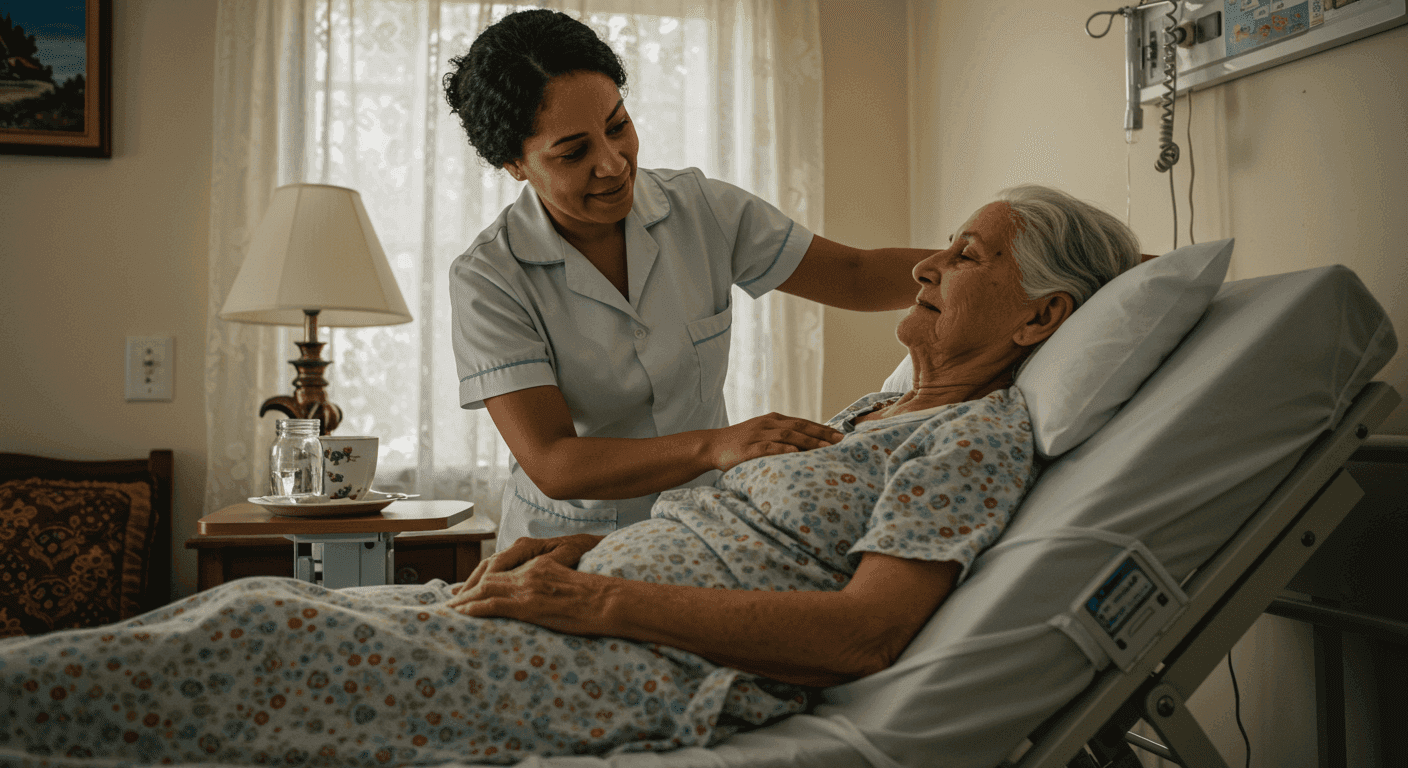 Cuidador familiar ajustando una cama hospitalaria eléctrica para un adulto mayor en casa, mostrando un cuidado cálido y atento.