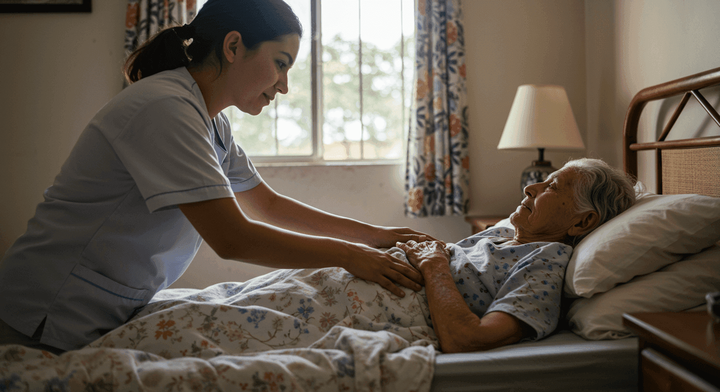 Cuidador asistiendo a paciente encamado en casa para prevenir escaras
