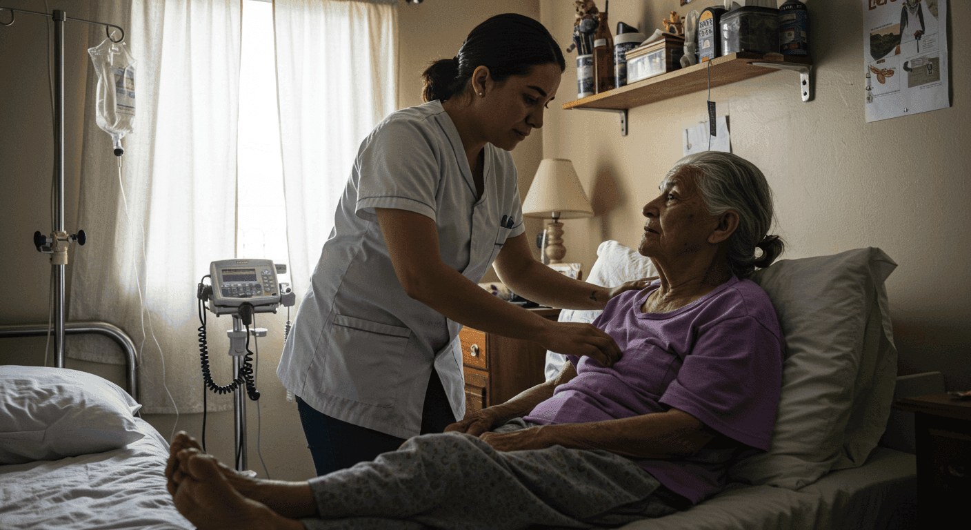 Un cuidador adulto ajustando la almohada de un familiar mayor en una habitación adaptada para el cuidado en casa, con luz natural y equipos médicos discretos.
