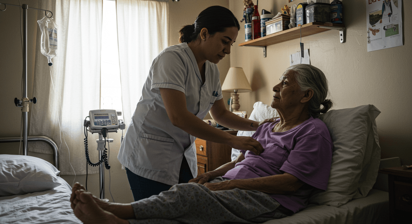 Un cuidador adulto ajustando la almohada de un familiar mayor en una habitación adaptada para el cuidado en casa, con luz natural y equipos médicos discretos.