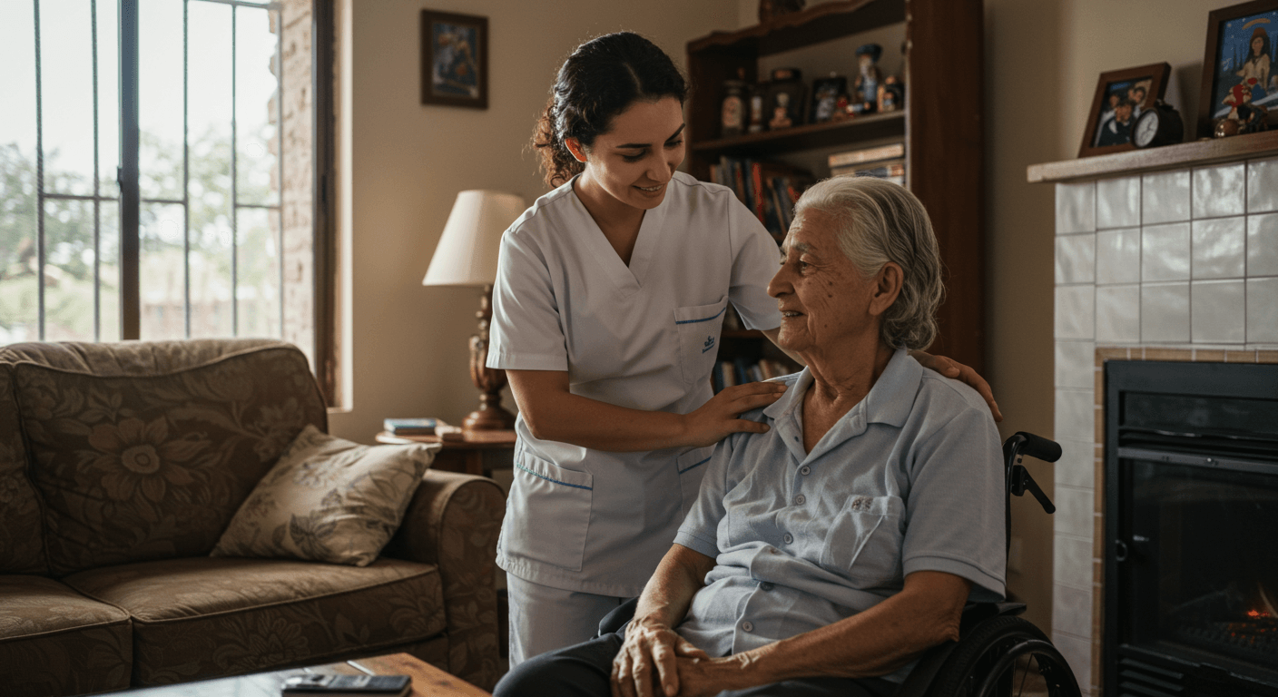Cuidador asiste a un adulto mayor con Alzheimer en la sala de su casa, creando un ambiente seguro y familiar en Colombia.