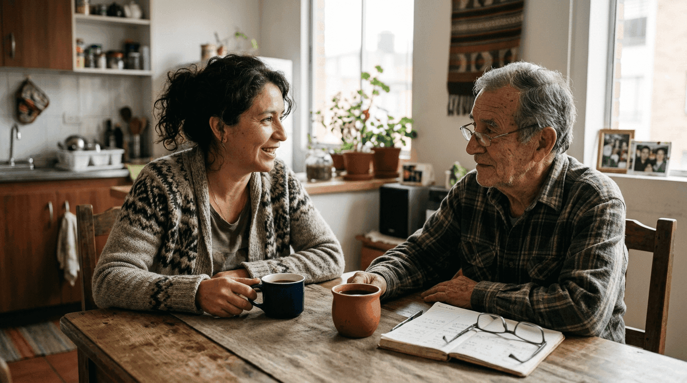 Cuidadora familiar junto a su padre adulto mayor revisando finanzas y cuidados del hogar en Colombia