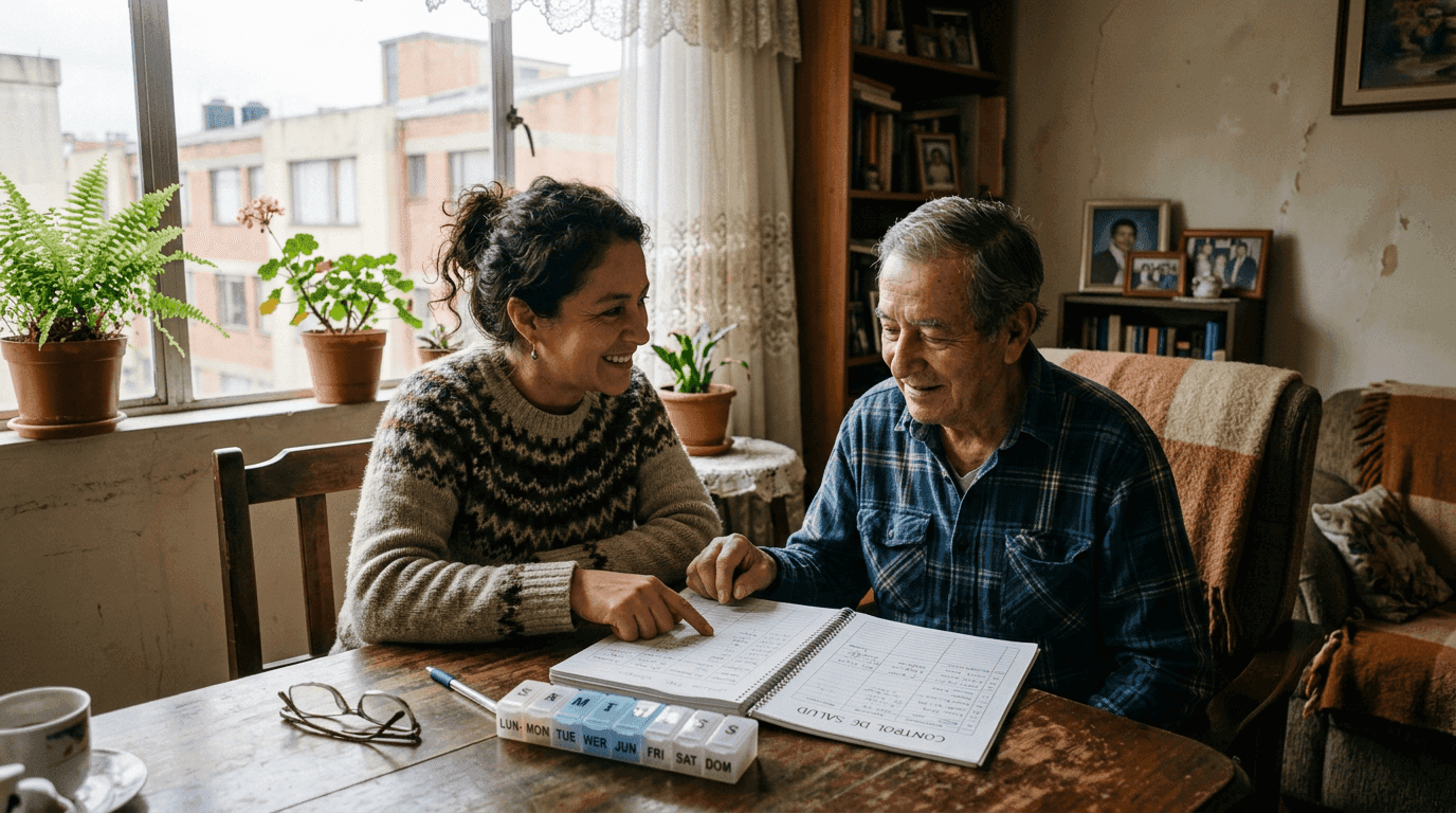Cuidadora familiar y adulto mayor conversando sobre su plan de cuidado en la sala de su casa en Colombia
