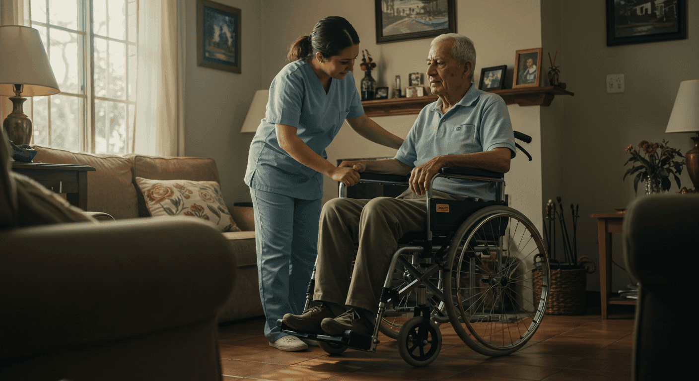 Cuidador ayudando a adulto mayor a sentarse en una silla de ruedas moderna en la sala de su casa en Colombia, simbolizando el apoyo de la tecnología médica.