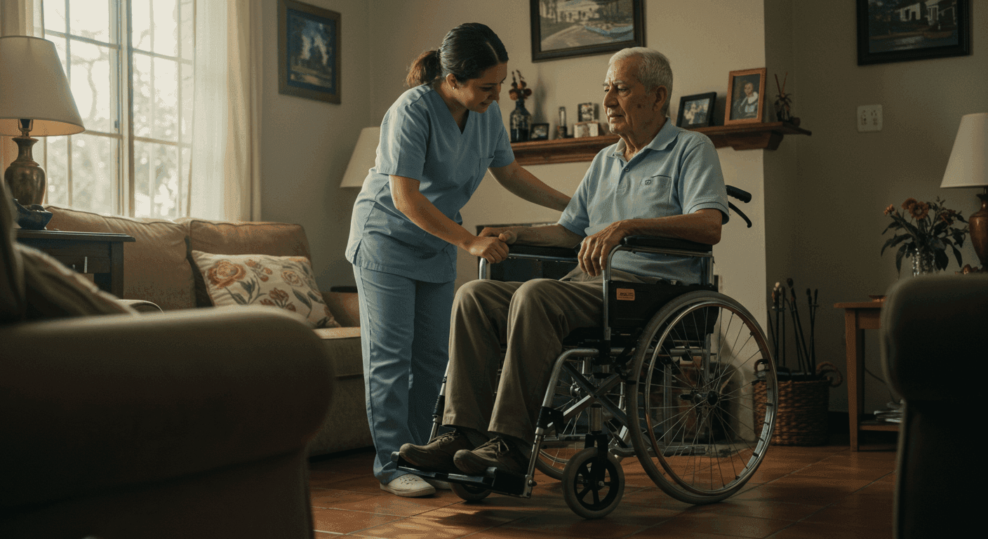 Cuidador ayudando a adulto mayor a sentarse en una silla de ruedas moderna en la sala de su casa en Colombia, simbolizando el apoyo de la tecnología médica.